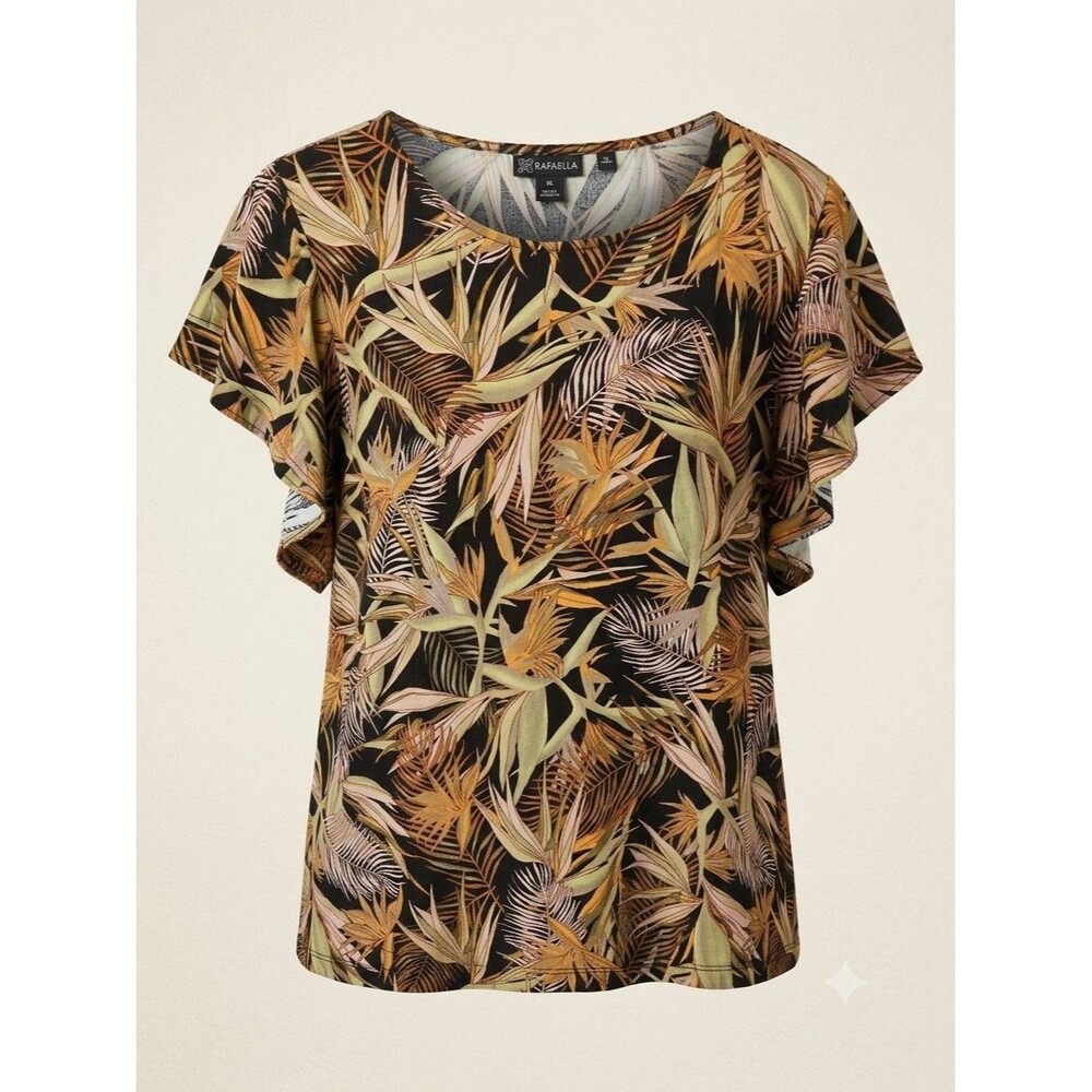 Rafaella Tropical Palm Leaf Size 2X Print Blouse Flutter Sleeve Top Women